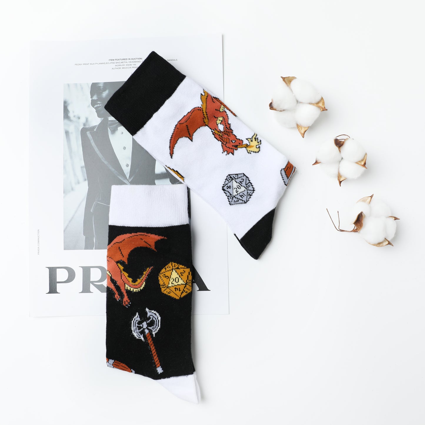 2 Pairs of Dungeons and Dragons DND Crew Socks Black and White US Size 8 - 12 (EU 41-45)
