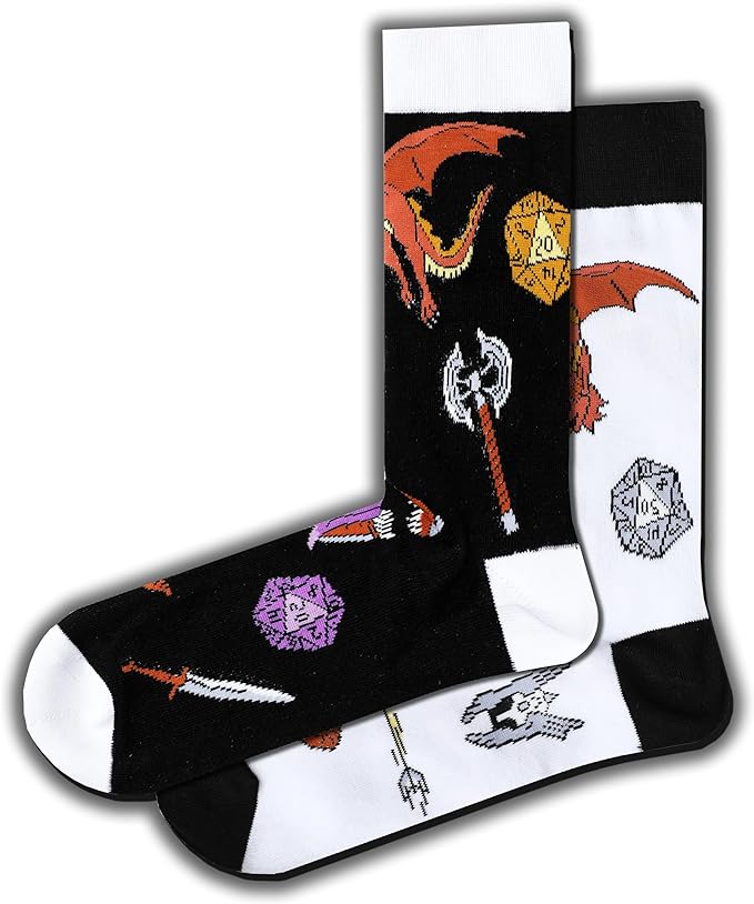 2 Pairs of Dungeons and Dragons DND Crew Socks Black and White US Size 8 - 12 (EU 41-45)