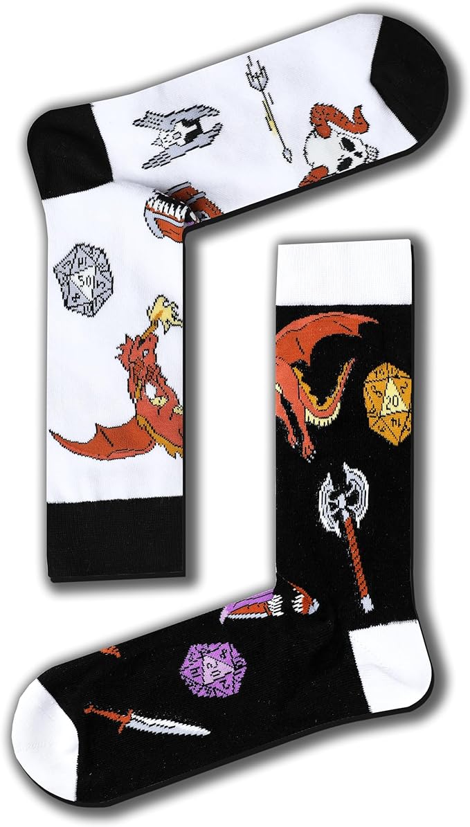 2 Pairs of Dungeons and Dragons DND Crew Socks Black and White US Size 8 - 12 (EU 41-45)