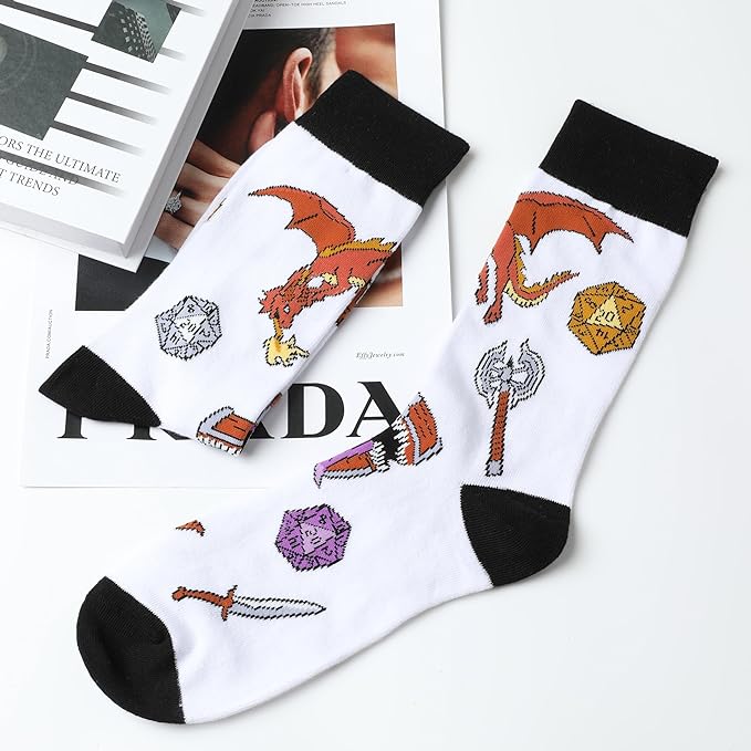 2 Pairs of Dungeons and Dragons DND Crew Socks Black and White US Size 8 - 12 (EU 41-45)
