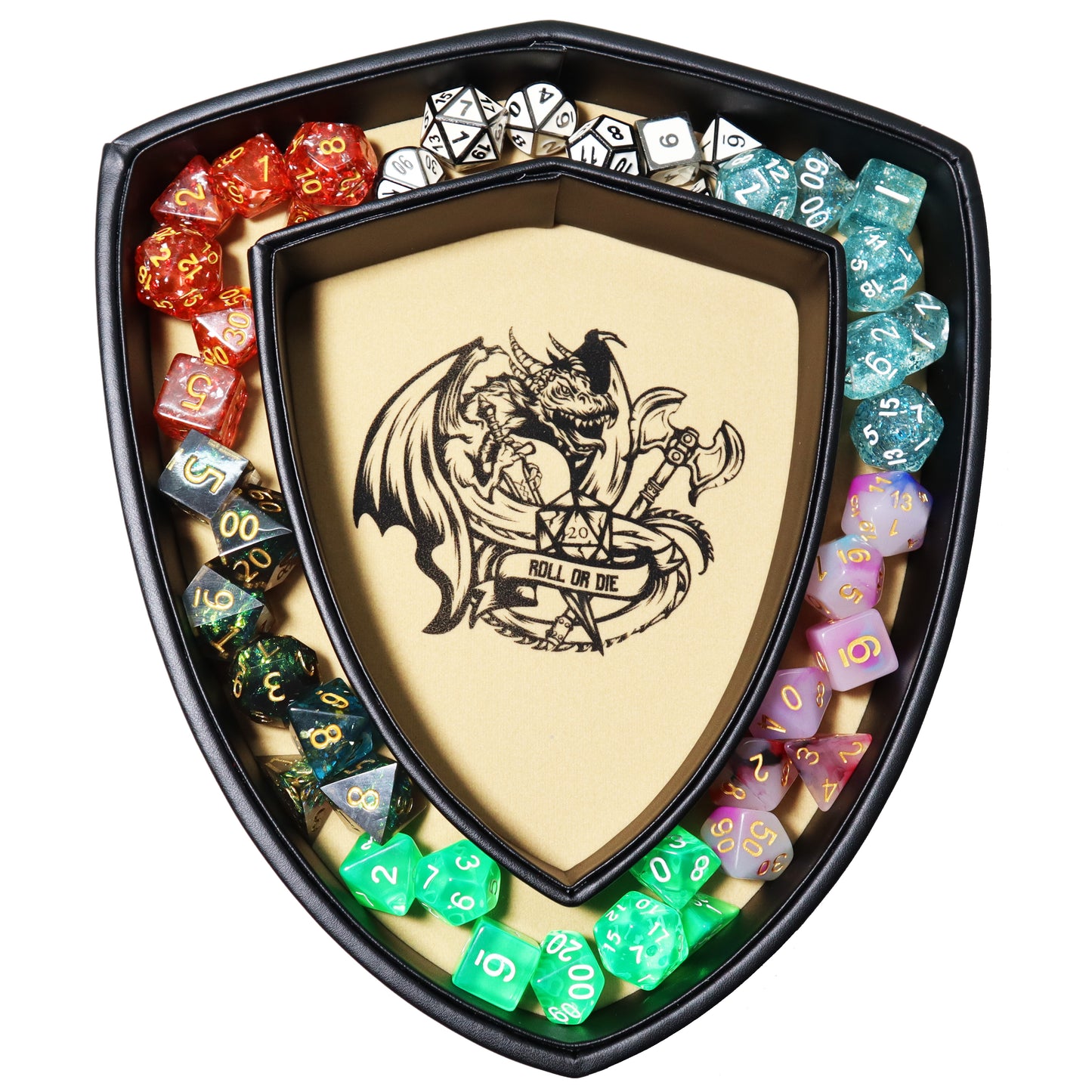 Shield Dice Tray Chromatic Fire Dragon with Lid and Dice Staging Area
