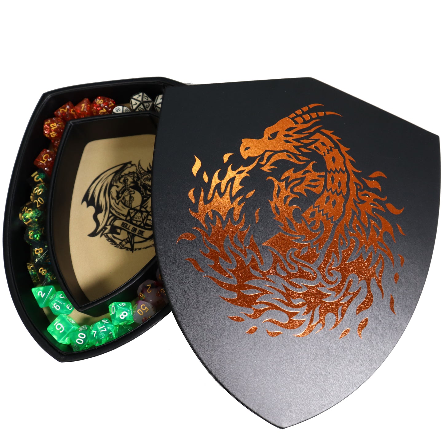 Shield Dice Tray Chromatic Fire Dragon with Lid and Dice Staging Area