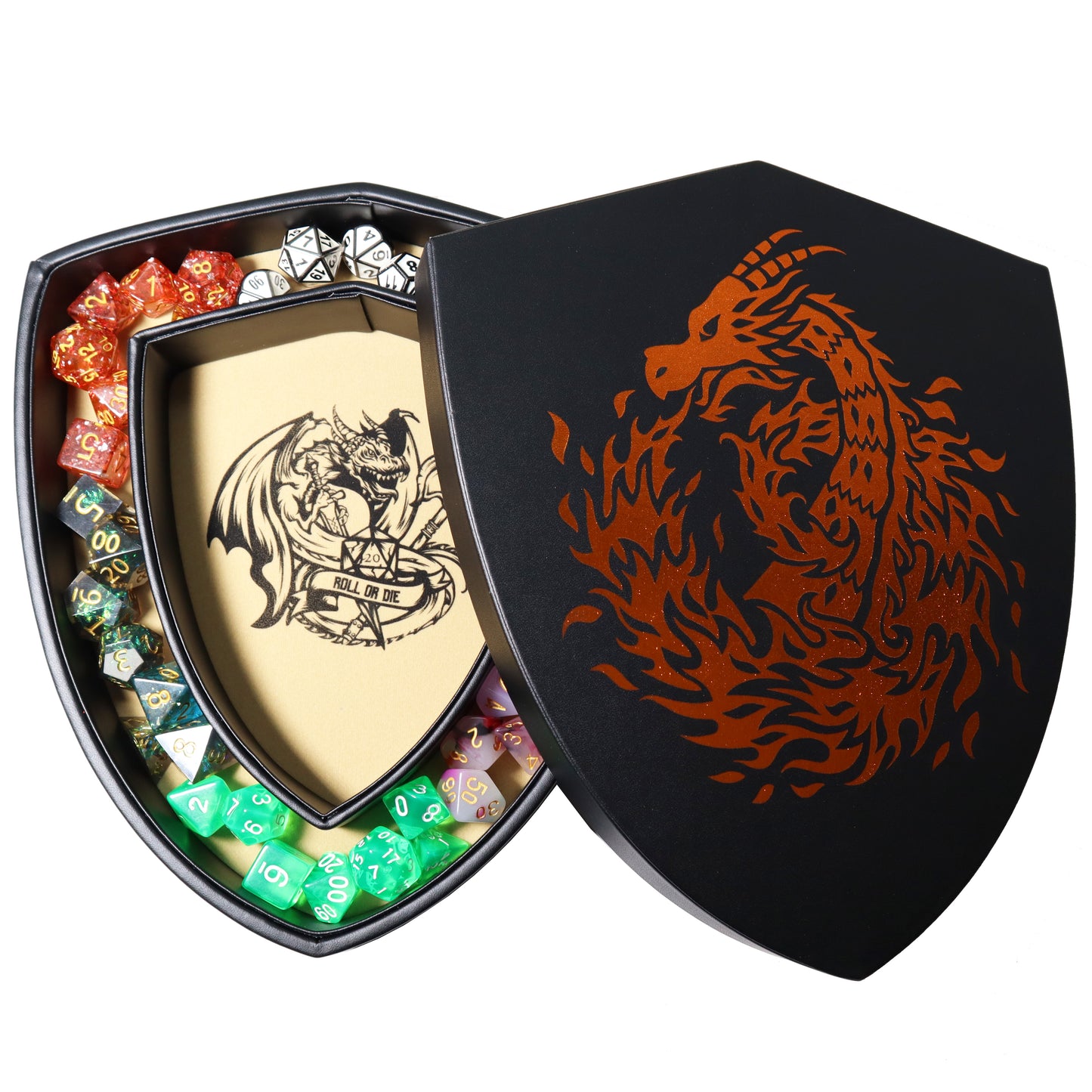 Shield Dice Tray Chromatic Fire Dragon with Lid and Dice Staging Area