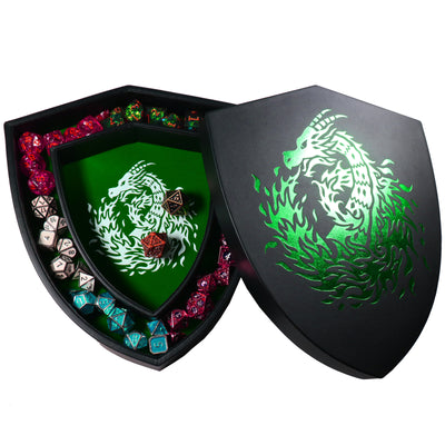 Shield Dice Tray Green Fire Dragon with Lid and Dice Staging Area