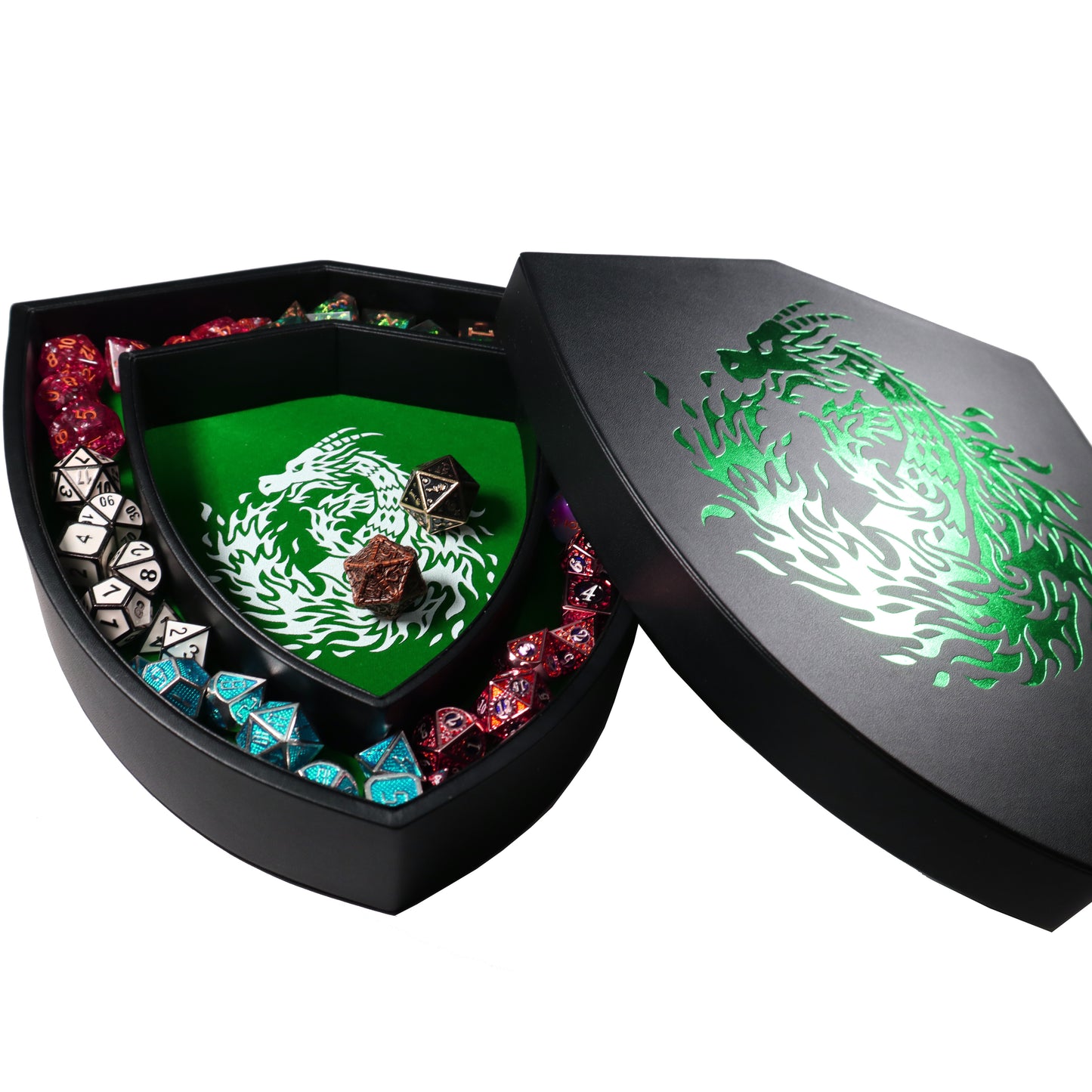 Shield Dice Tray Green Fire Dragon with Lid and Dice Staging Area