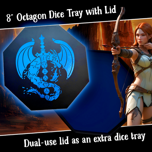 Fantasydice Blue Dragon Dice Sword with Wizard Book Print – 9" Octagon Tray with Lid and Dice Staging Area – Holds 5 Dice Sets (7pc) for D&D, Pathfinder, Call of Cthulhu, and All Tabletop RPGs
