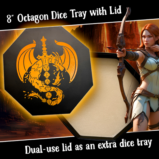 Chromatic Dragon Dice Sword Tray with "Roll or Die" Print – 9" Octagon with Lid & Dice Staging Area – Holds 5 Dice Sets for D&D, Call of Cthulhu, Shadowrun & More Tabletop RPGs