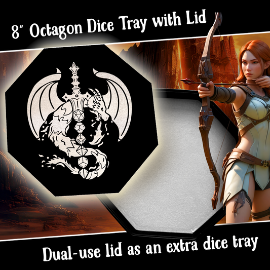 Silver Dragon Dice Sword Tray with "Roll or Die" Print – 9" Octagon with Lid & Dice Staging Area – Holds 5 Dice Sets for D&D, Call of Cthulhu, Shadowrun & More Tabletop RPGs (Copy)