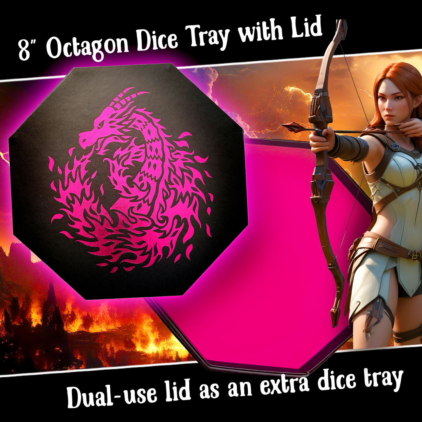 Pink Fire Dragon - Dice Tray - 9" Octagon with Lid and Dice Staging Area