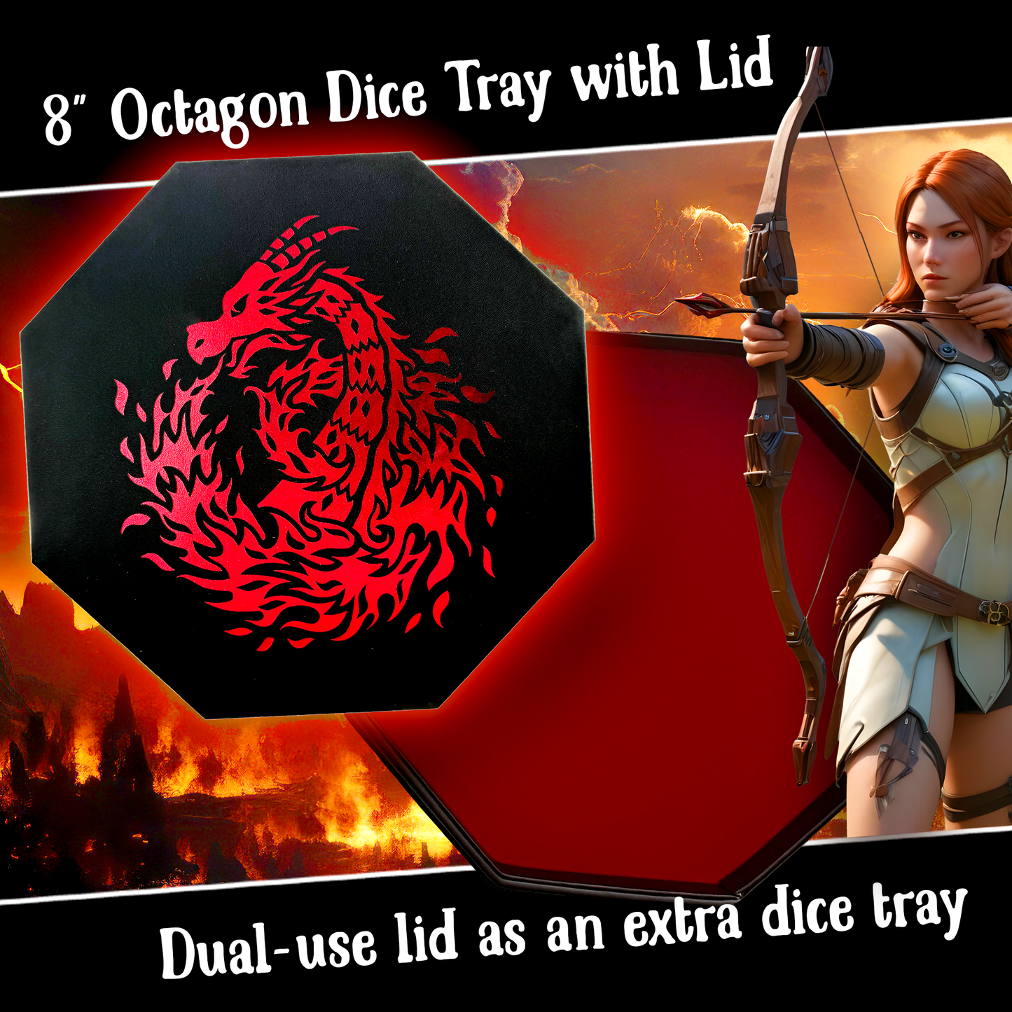 RED Fire Dragon Wizard - Dice Tray - 9"/23CM Octagon with Lid and Dice Staging Area