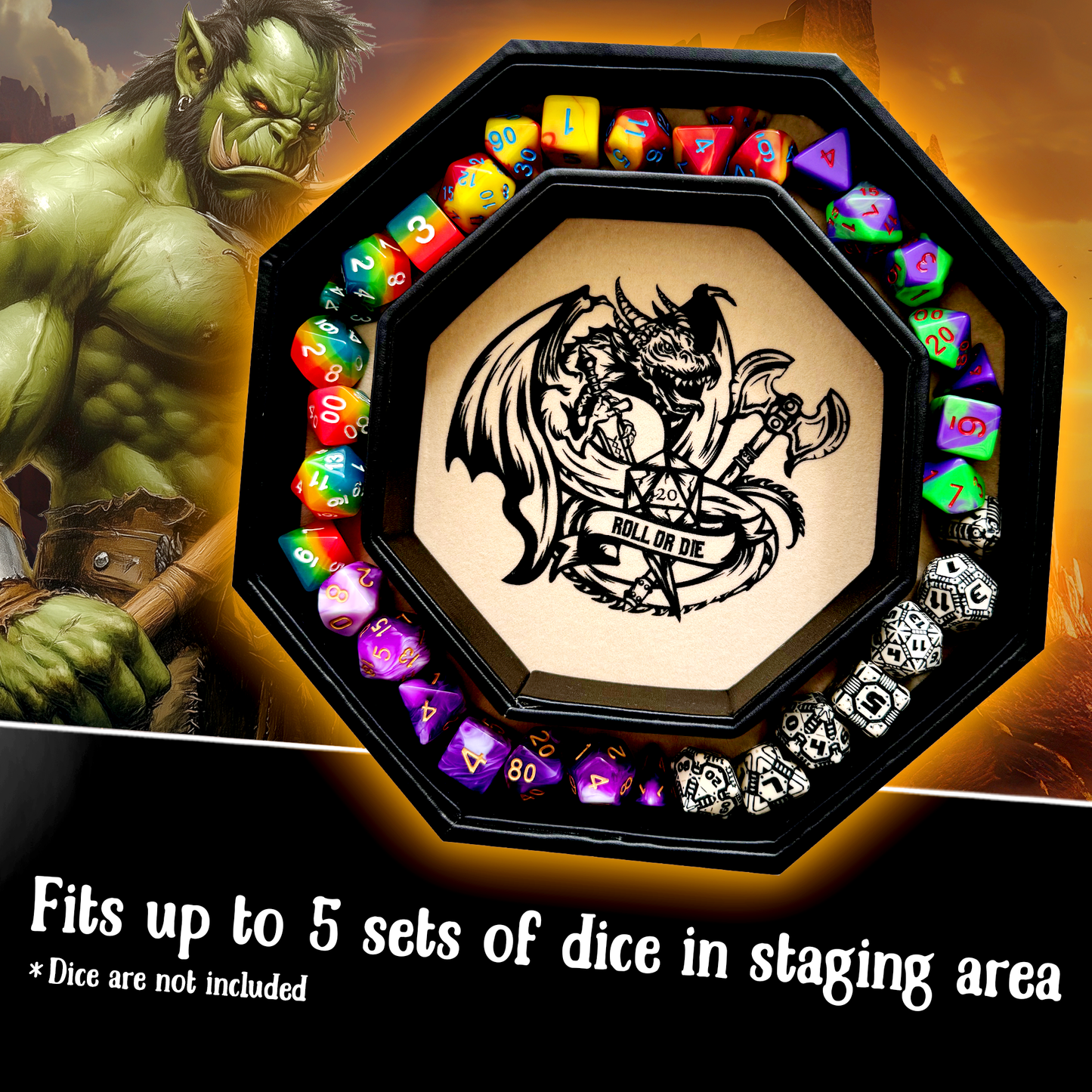 Chromatic Dragon Dice Sword Tray with "Roll or Die" Print – 9" Octagon with Lid & Dice Staging Area – Holds 5 Dice Sets for D&D, Call of Cthulhu, Shadowrun & More Tabletop RPGs