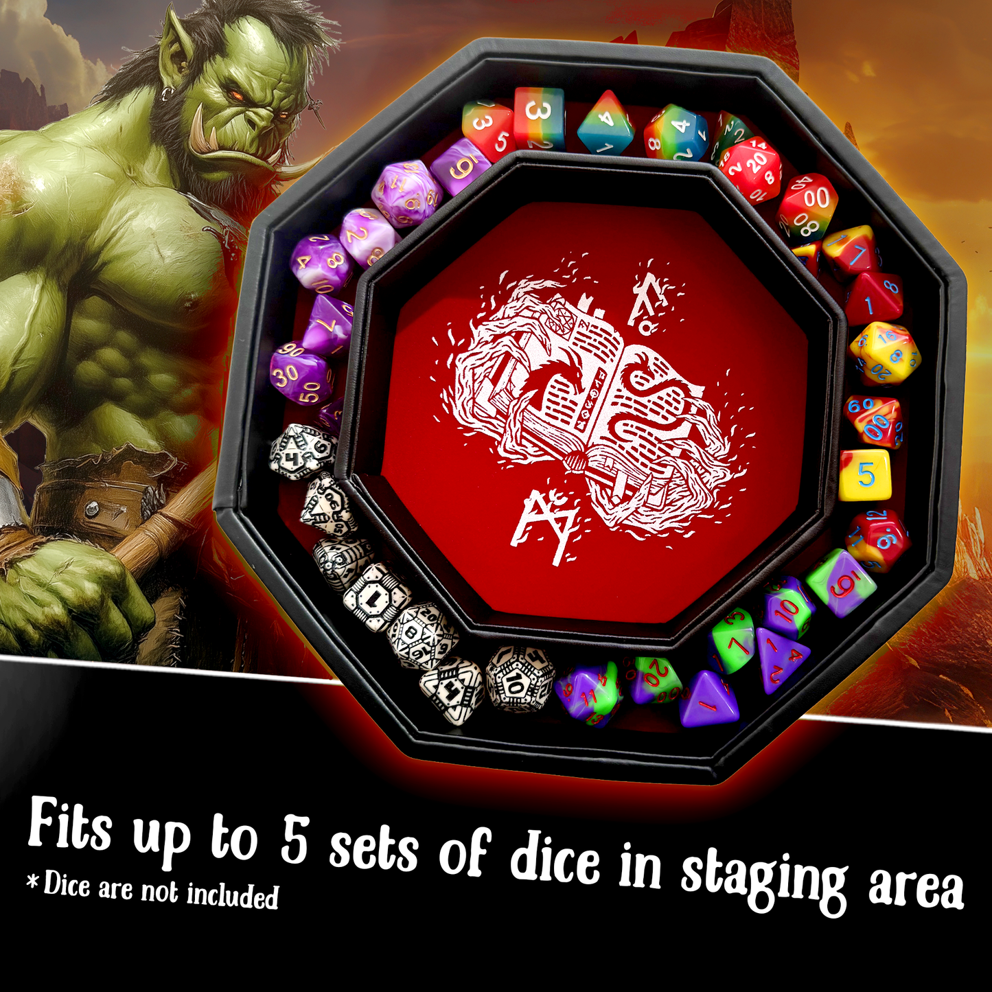Red Dragon Dice Sword Dice Tray – 9" Octagon with Lid & Staging Area – Holds 5 Dice Sets for D&D, Pathfinder, and RPGs