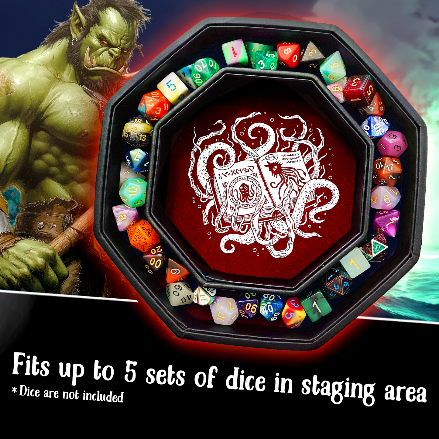 Blood Red Cthulhu Tome- Dice Tray - 9" Octagon with Lid and Dice Staging Area