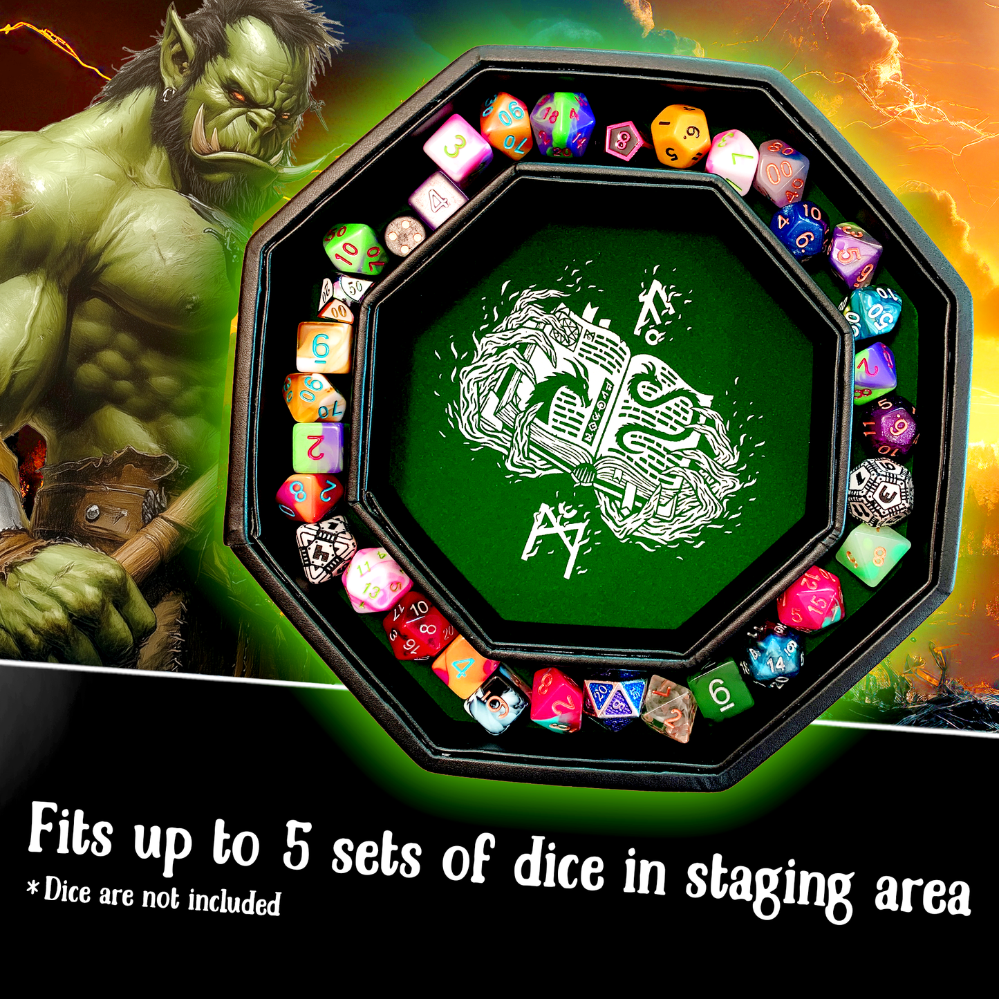 Green Fire Dragon - Dice Tray With Spellbook Art 9" Octagon with Lid and Dice Staging Area