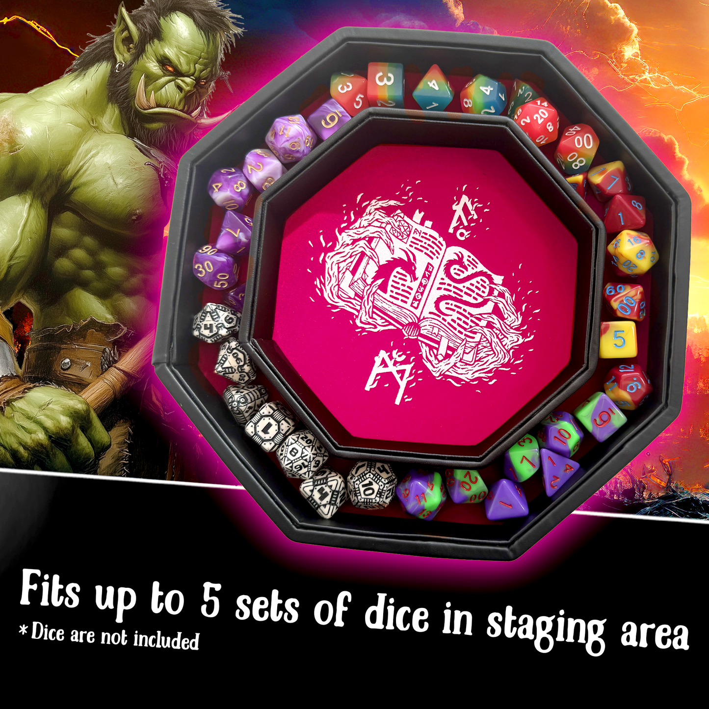 Pink Fire Dragon - Dice Tray - 9" Octagon with Lid and Dice Staging Area