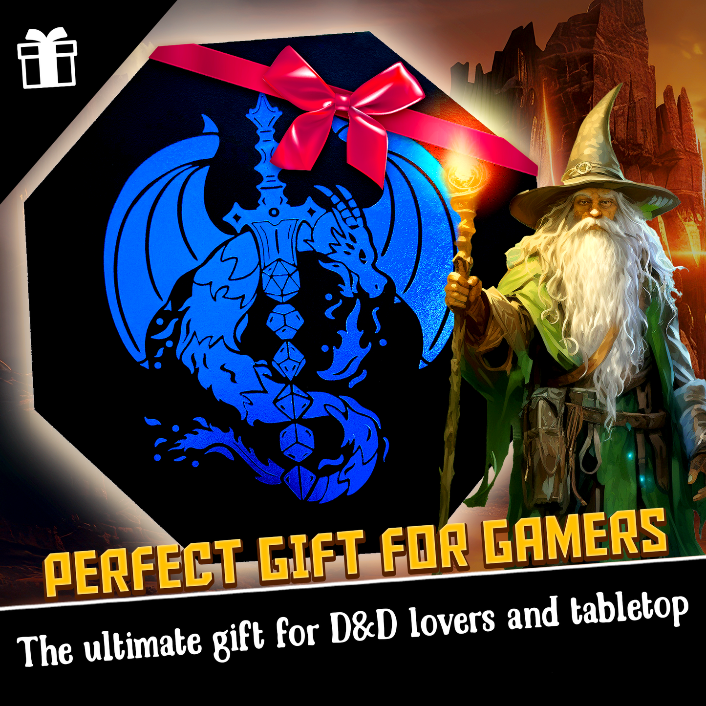 Fantasydice Blue Dragon Dice Sword with Wizard Book Print – 9" Octagon Tray with Lid and Dice Staging Area – Holds 5 Dice Sets (7pc) for D&D, Pathfinder, Call of Cthulhu, and All Tabletop RPGs