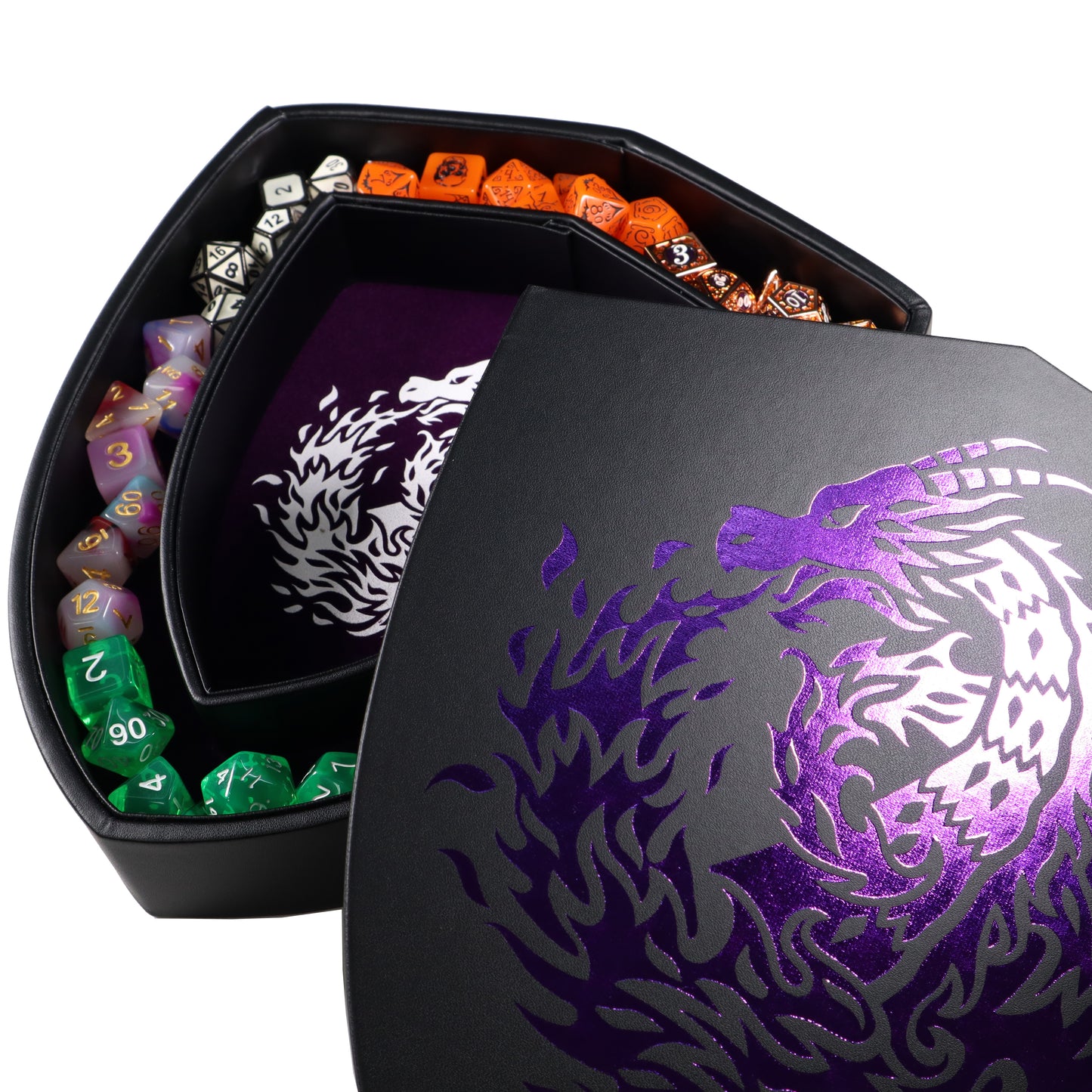 Shield Dice Tray Purple Fire Dragon with Lid and Dice Staging Area