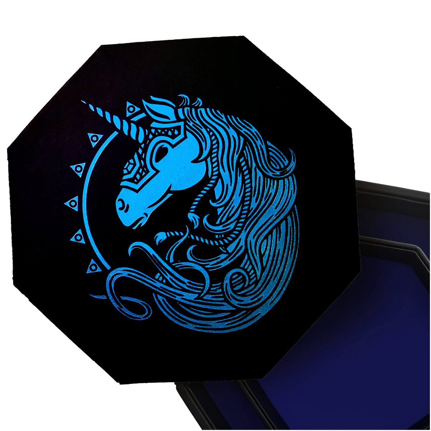 Blue War Unicorn - Dice Tray - 9" Octagon with Lid and Dice Staging Area