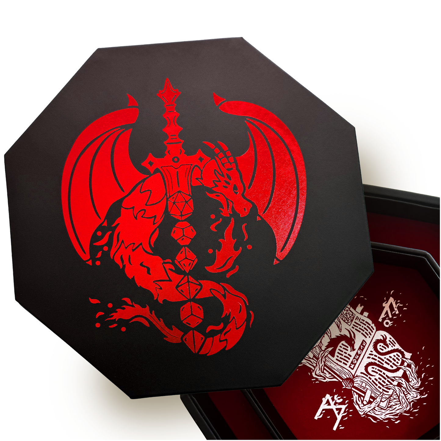 Red Dragon Dice Sword Dice Tray – 9" Octagon with Lid & Staging Area – Holds 5 Dice Sets for D&D, Pathfinder, and RPGs