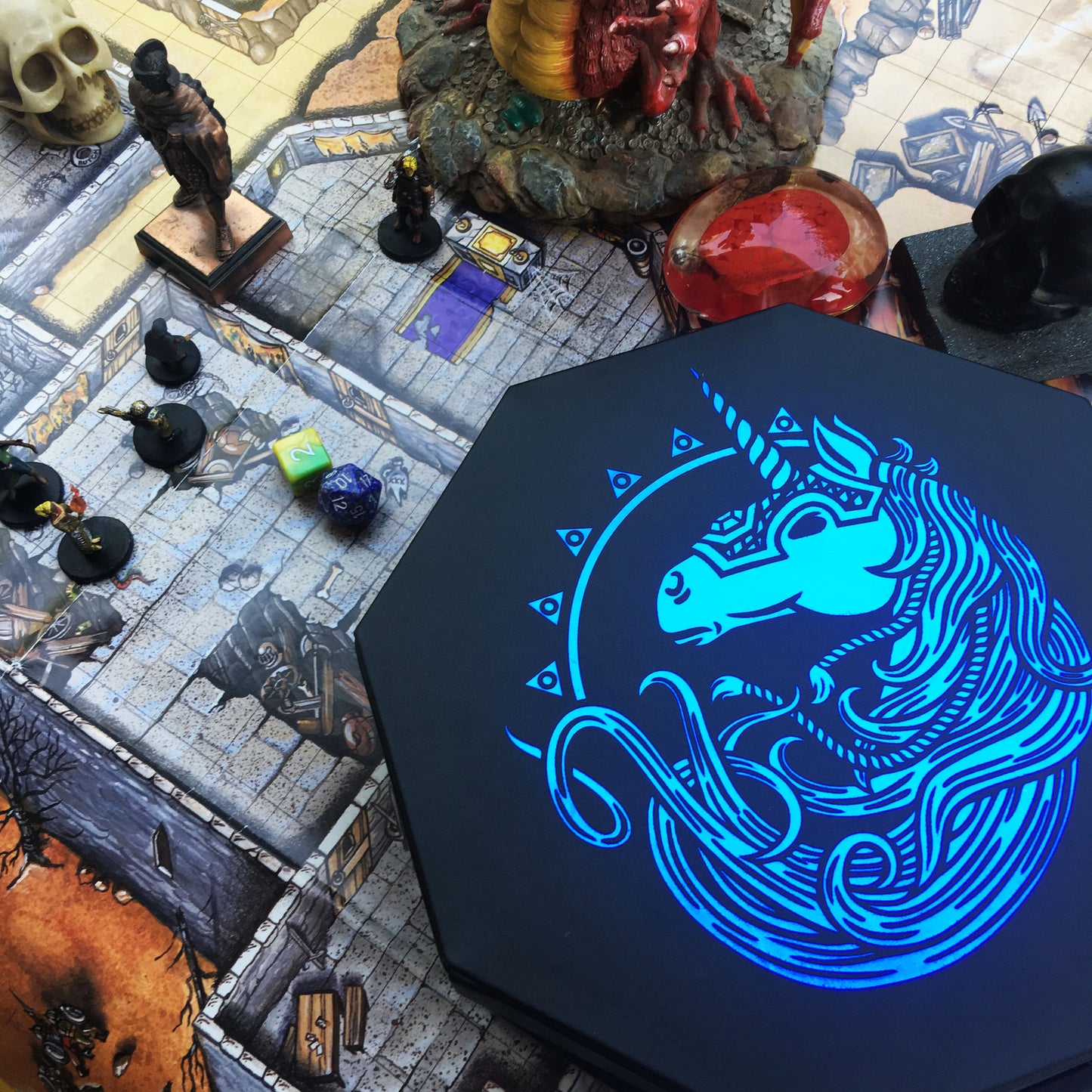 Blue War Unicorn - Dice Tray - 9" Octagon with Lid and Dice Staging Area