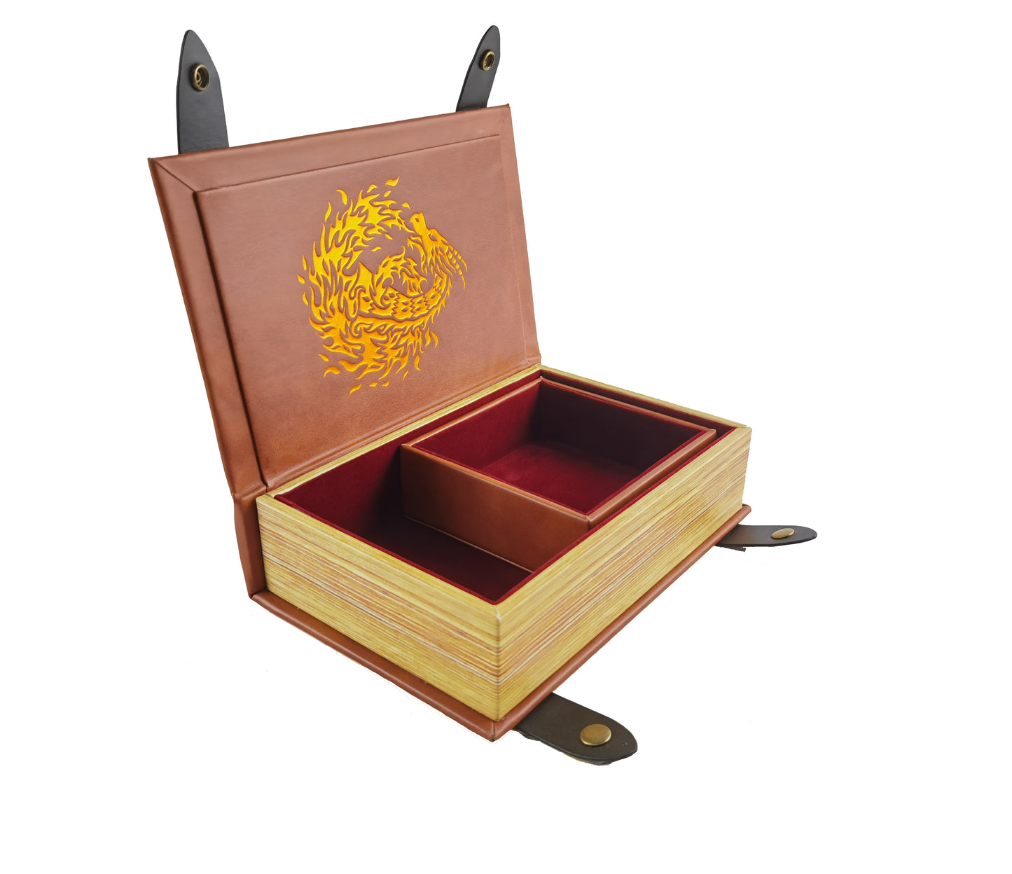 Fire Dragon Book-Shaped Chromatic Blood Red Velvet Fire Rolling Magic Book Tray for All Tabletop RPGs Like D&D , Call of Cthulhu, Shadowrun.