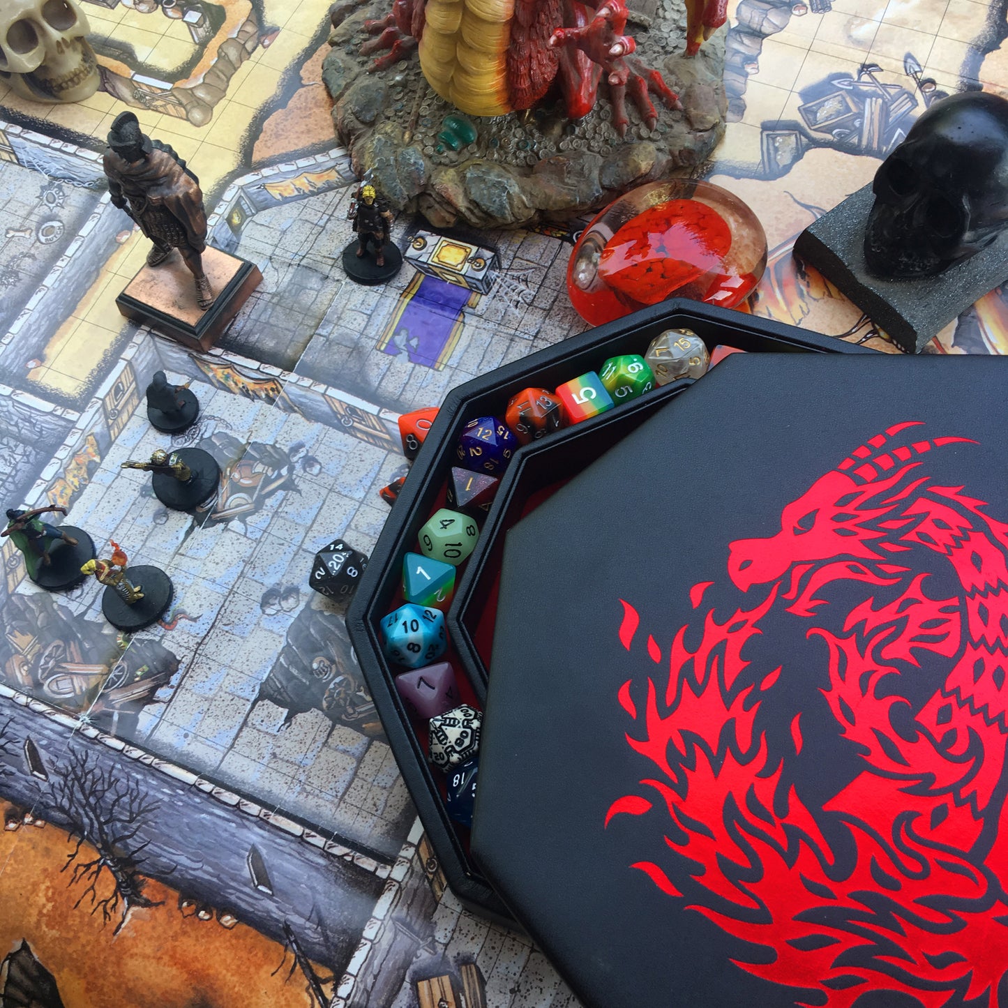 RED Fire Dragon - Dice Tray - 9"/23CM Octagon with Lid and Dice Staging Area