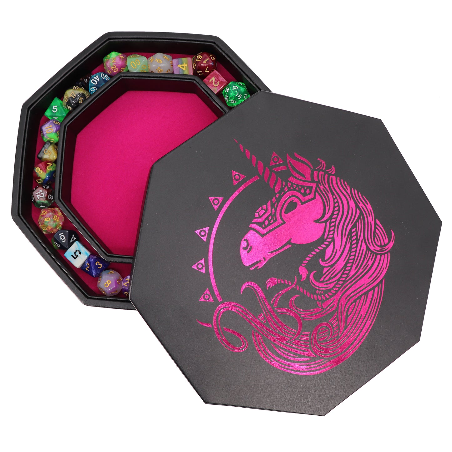 Pink War Unicorn - Dice Tray - 9" Octagon with Lid and Dice Staging Area