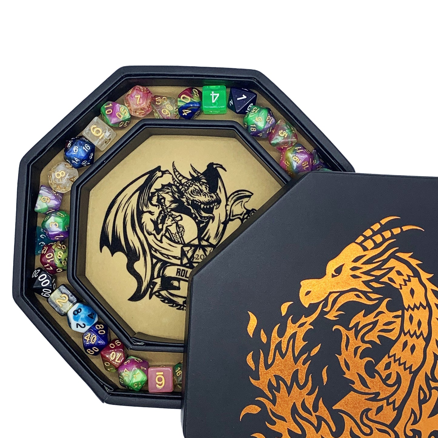 Chromatic Gold Fire Dragon Dice Tray 9" Octagon with Lid and Dice Staging Area