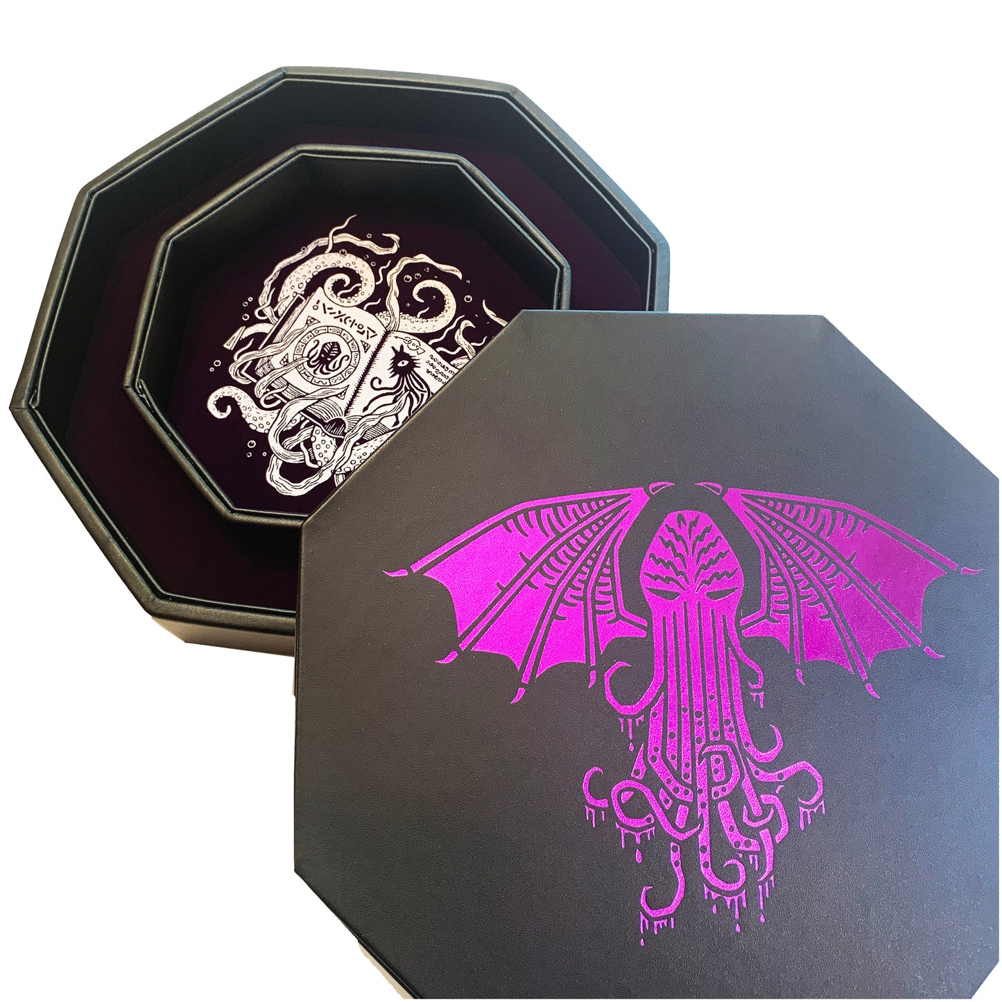 Purple Cthulhu Tome- Dice Tray - 9" Octagon with Lid and Dice Staging Area