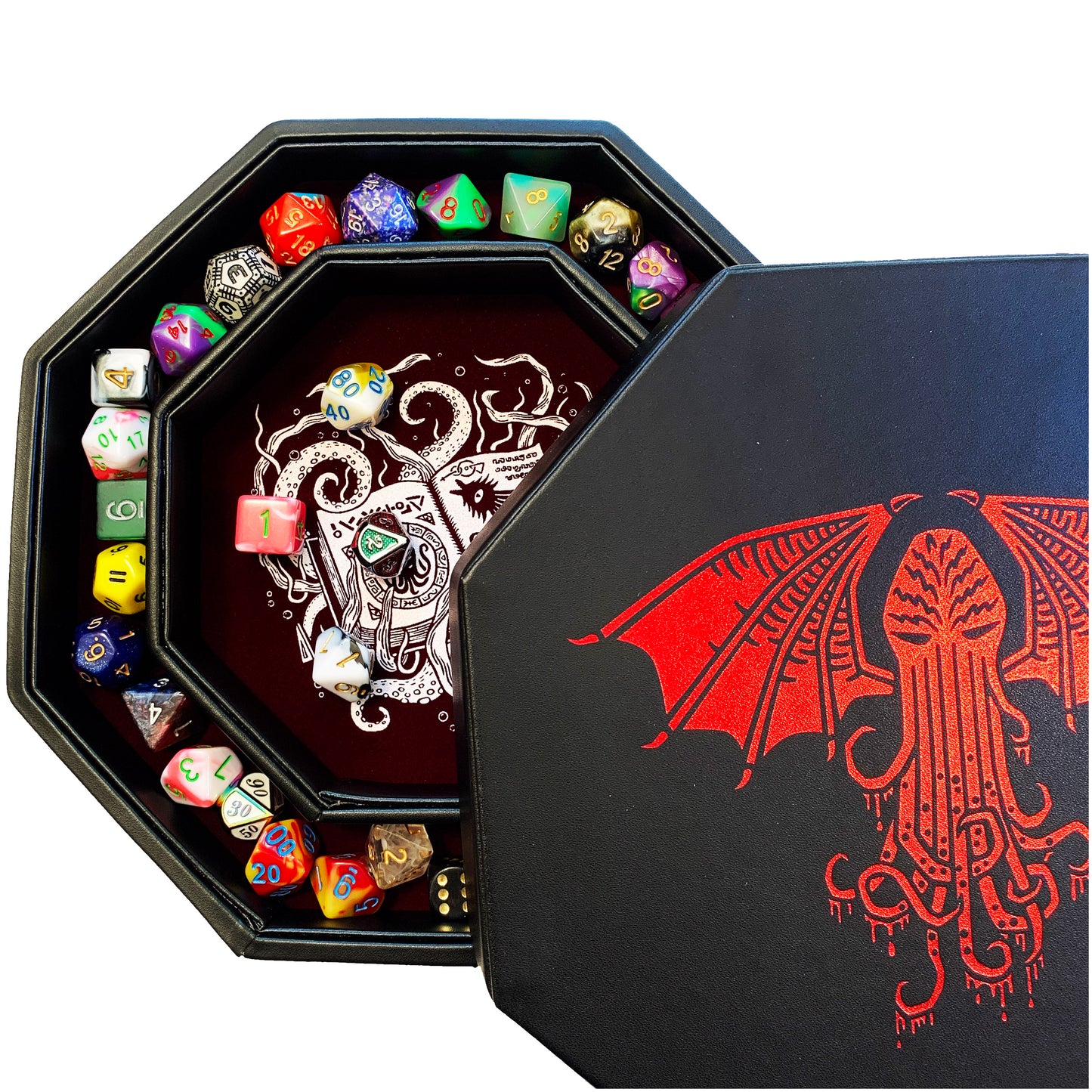 Blood Red Cthulhu Tome- Dice Tray - 9" Octagon with Lid and Dice Staging Area
