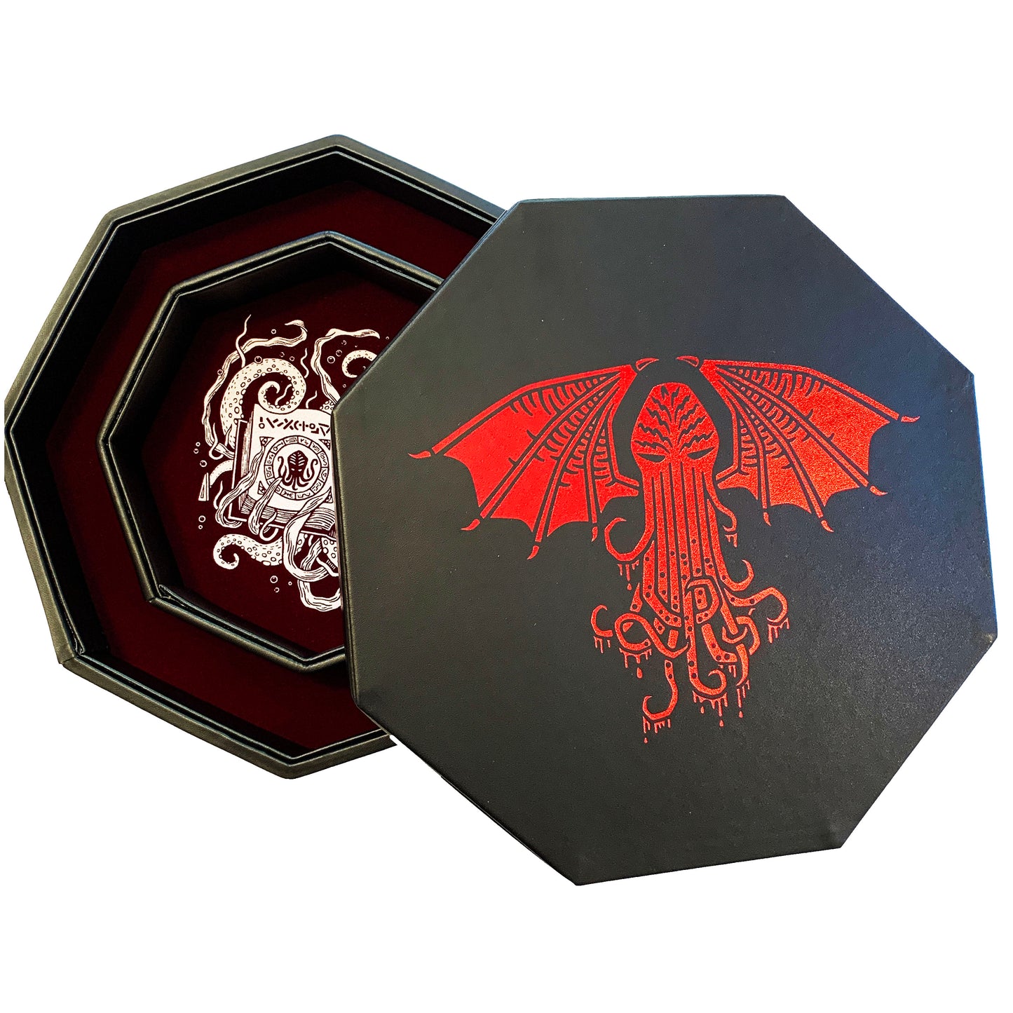 Blood Red Cthulhu Tome- Dice Tray - 9" Octagon with Lid and Dice Staging Area