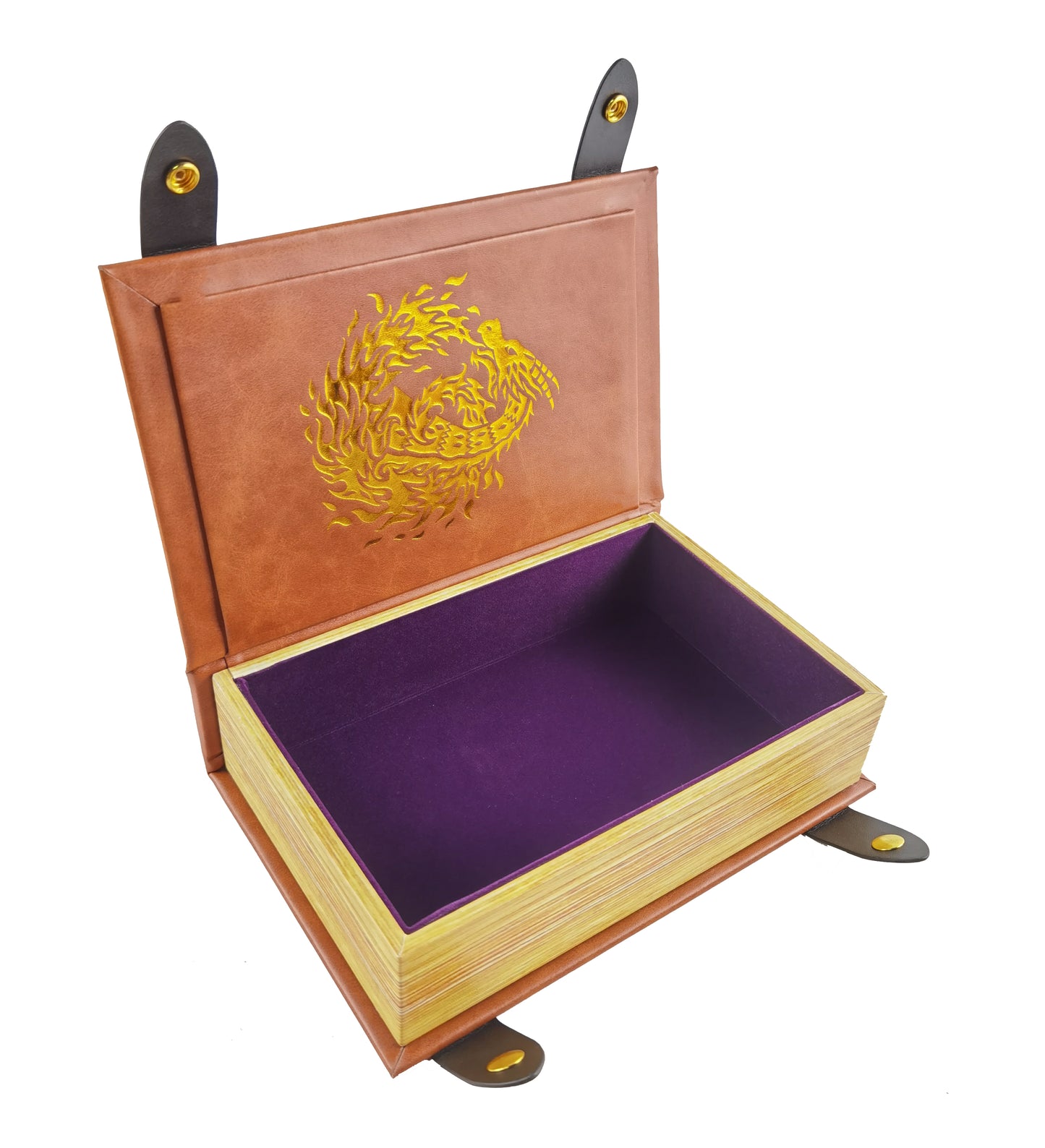 Fire Dragon Book-Shaped Gold Deep Purple Velvet Fire Rolling Magic Book Tray for All Tabletop RPGs Like D&D , Call of Cthulhu, Shadowrun.
