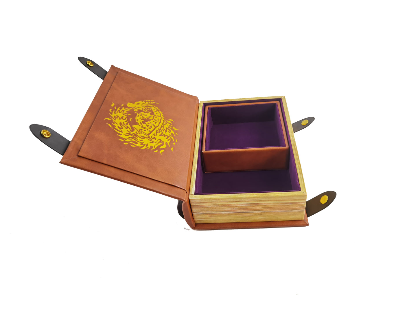 Fire Dragon Book-Shaped Gold Deep Purple Velvet Fire Rolling Magic Book Tray for All Tabletop RPGs Like D&D , Call of Cthulhu, Shadowrun.