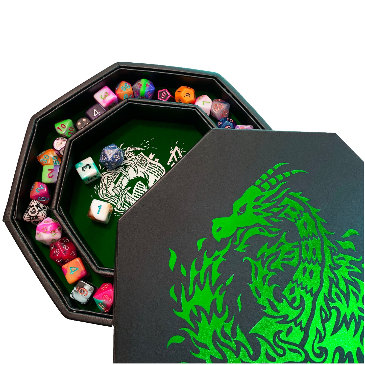 Green Fire Dragon - Dice Tray With Spellbook Art 9" Octagon with Lid and Dice Staging Area