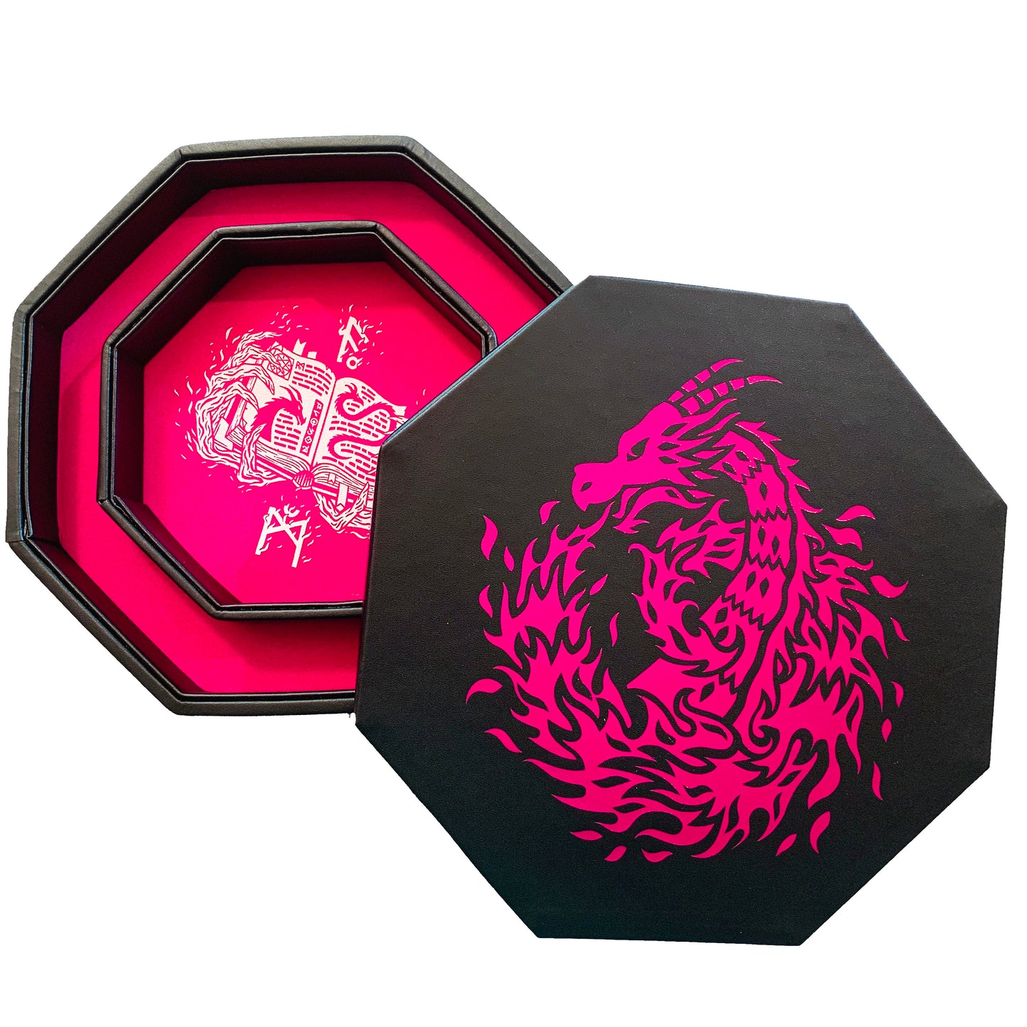 Pink Fire Dragon - Dice Tray - 9" Octagon with Lid and Dice Staging Area