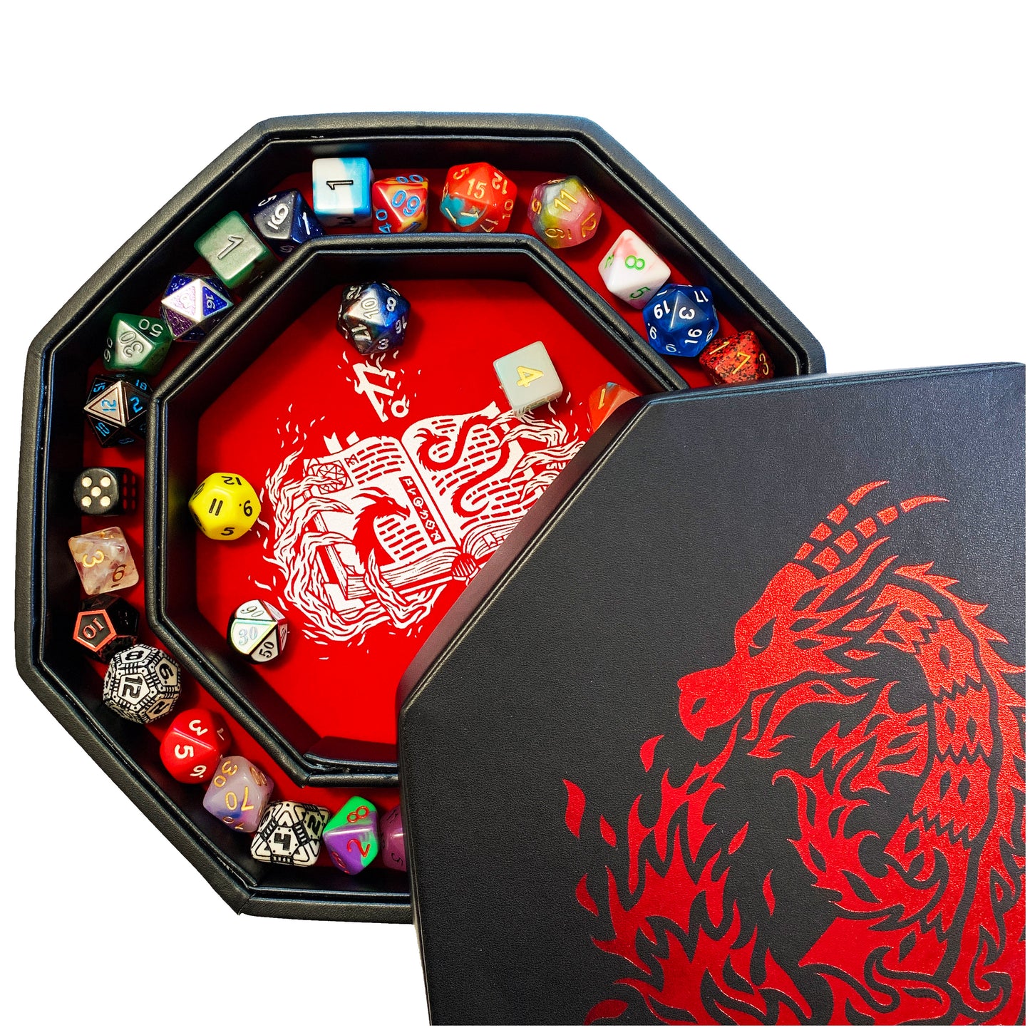 RED Fire Dragon Wizard - Dice Tray - 9"/23CM Octagon with Lid and Dice Staging Area