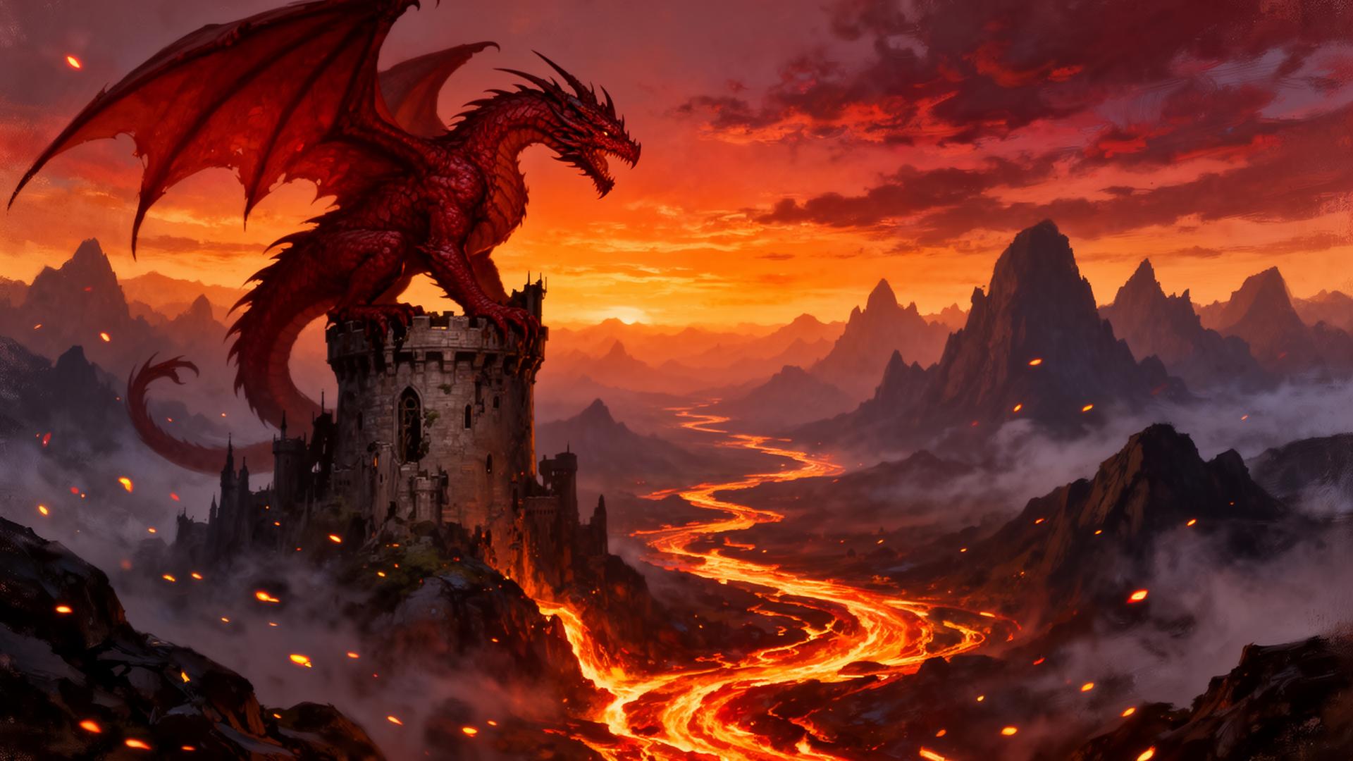 Red dragon perched on a ruined tower above rivers of lava