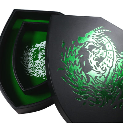 Shield Dice Tray Green Fire Dragon with Lid and Dice Staging Area