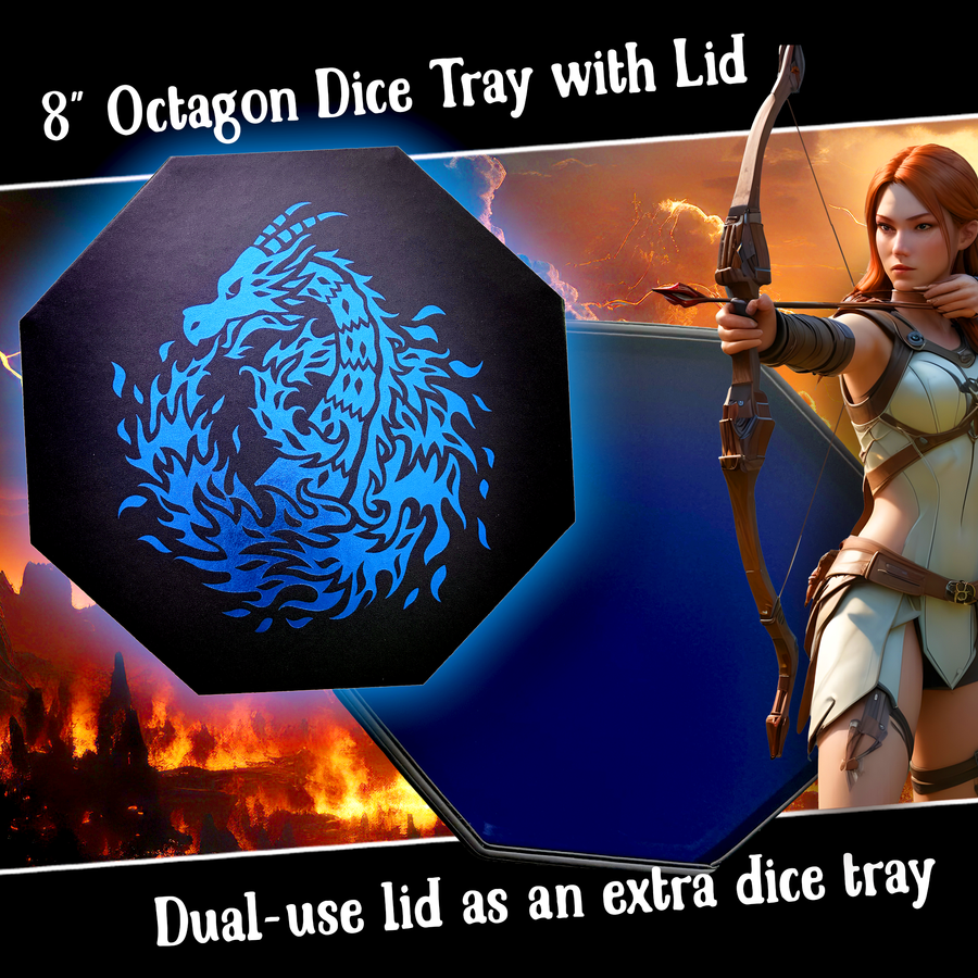 Blue Fire Dragon - Dice Tray - 9" Octagon with Lid and Dice Staging Area