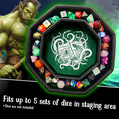 Green Cthulhu Tome- Dice Tray - 9" Octagon with Lid and Dice Staging Area