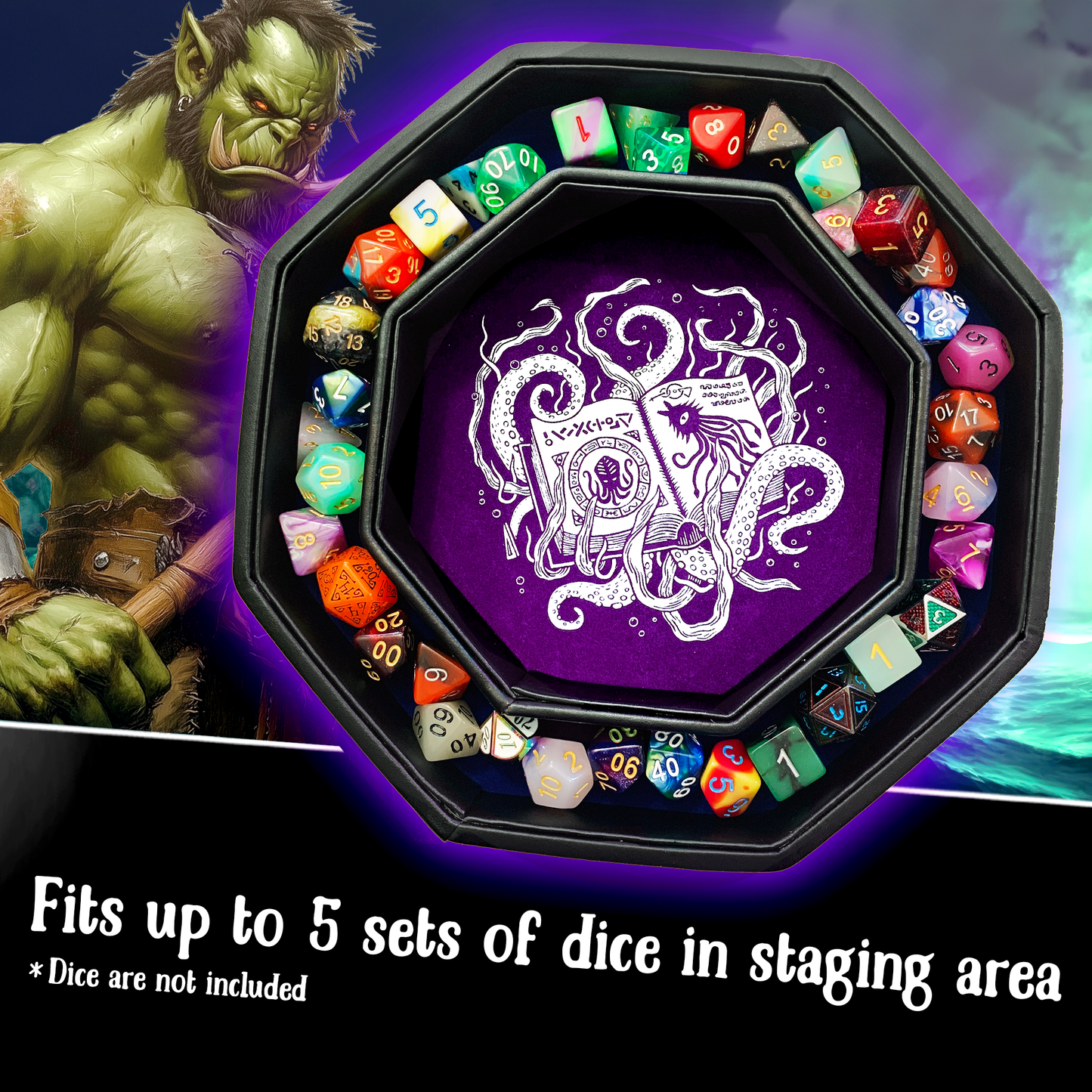 Purple Cthulhu Tome- Dice Tray - 9" Octagon with Lid and Dice Staging Area