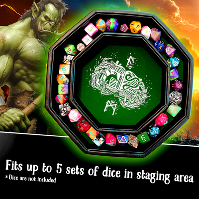 Green Fire Dragon - Dice Tray With Spellbook Art 9" Octagon with Lid and Dice Staging Area