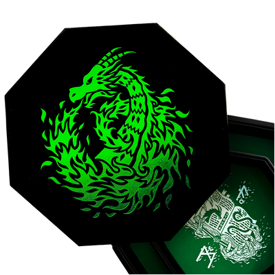 Green Fire Dragon - Dice Tray With Spellbook Art 9" Octagon with Lid and Dice Staging Area