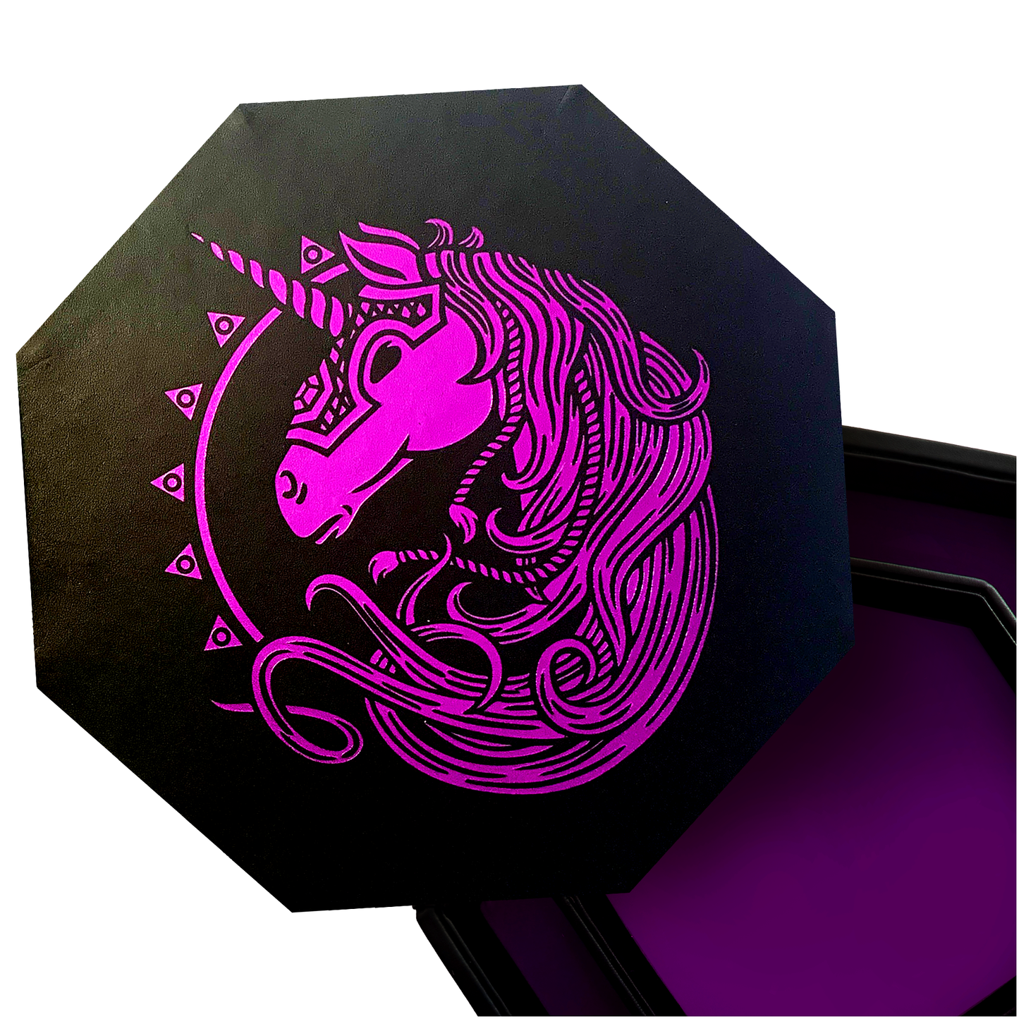 Purple War Unicorn - Dice Tray - 9" Octagon with Lid and Dice Staging Area