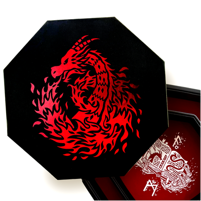 RED Fire Dragon Wizard - Dice Tray - 9"/23CM Octagon with Lid and Dice Staging Area