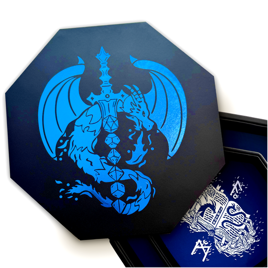 Fantasydice Blue Dragon Dice Sword with Wizard Book Print – 9" Octagon Tray with Lid and Dice Staging Area – Holds 5 Dice Sets (7pc) for D&D, Pathfinder, Call of Cthulhu, and All Tabletop RPGs
