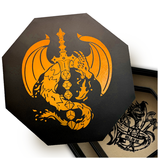 Chromatic Dragon Dice Sword Tray with "Roll or Die" Print – 9" Octagon with Lid & Dice Staging Area – Holds 5 Dice Sets for D&D, Call of Cthulhu, Shadowrun & More Tabletop RPGs