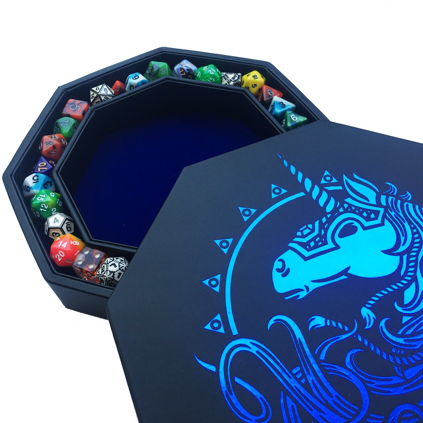 Blue War Unicorn - Dice Tray - 9" Octagon with Lid and Dice Staging Area