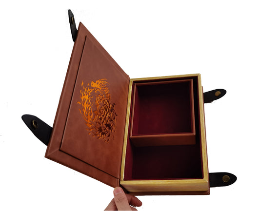 Fire Dragon Book-Shaped Chromatic Blood Red Velvet Fire Rolling Magic Book Tray for All Tabletop RPGs Like D&D , Call of Cthulhu, Shadowrun.