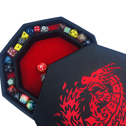 RED Fire Dragon - Dice Tray - 9"/23CM Octagon with Lid and Dice Staging Area